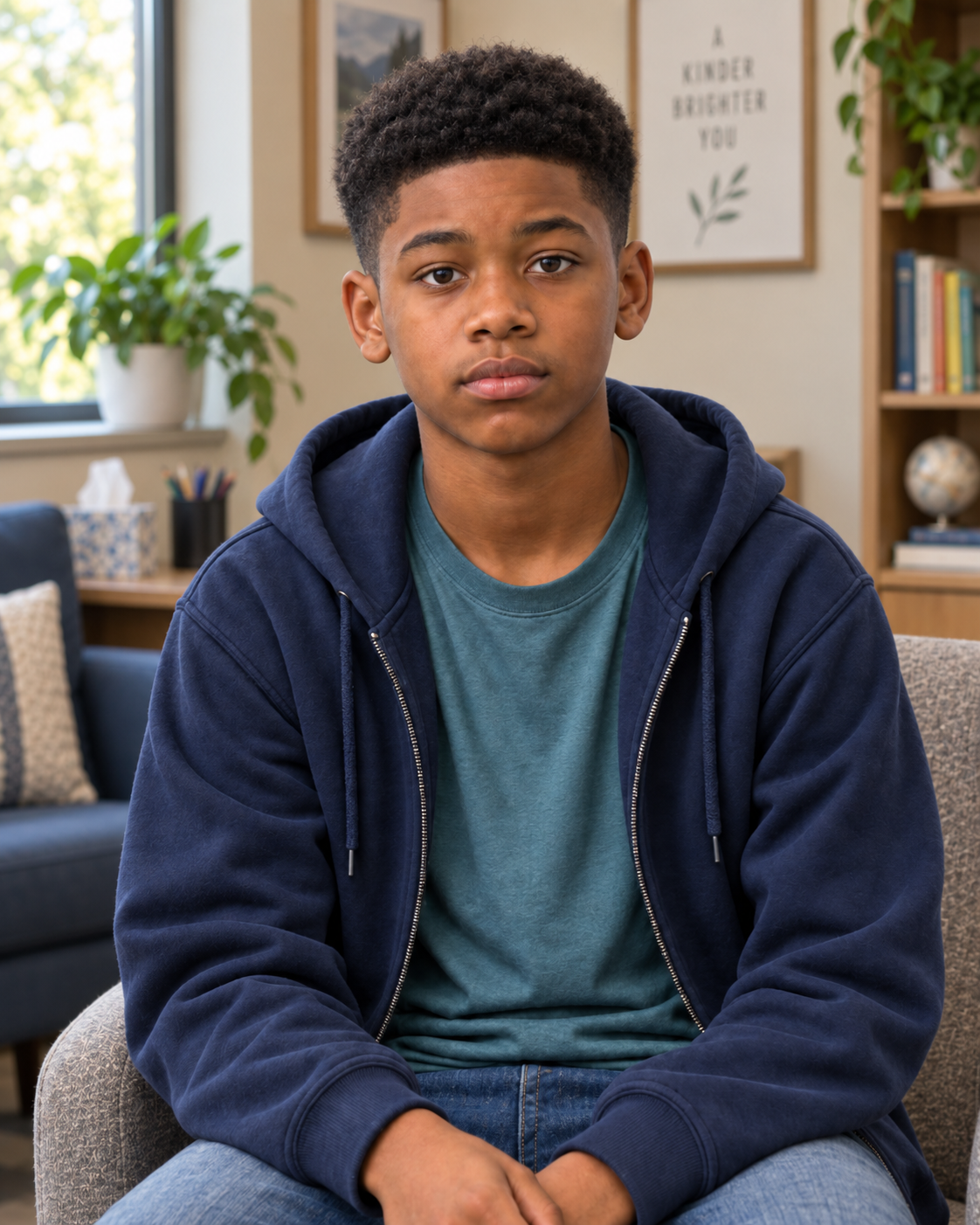 Jordan seated in a school social work office